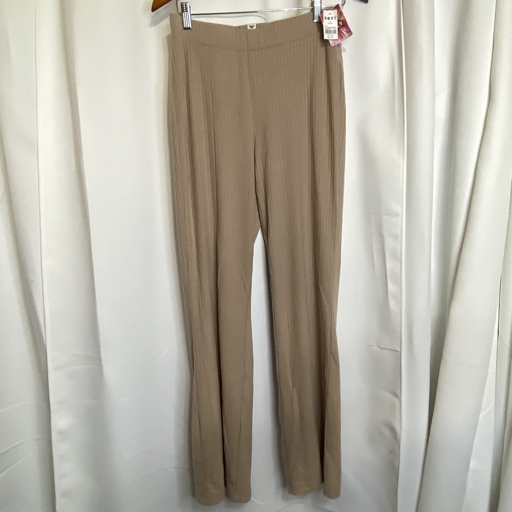 NWT Roxy Hot‎ Shot Beige Ribbed Flared Pants Women's Size Medium Bottom Slits